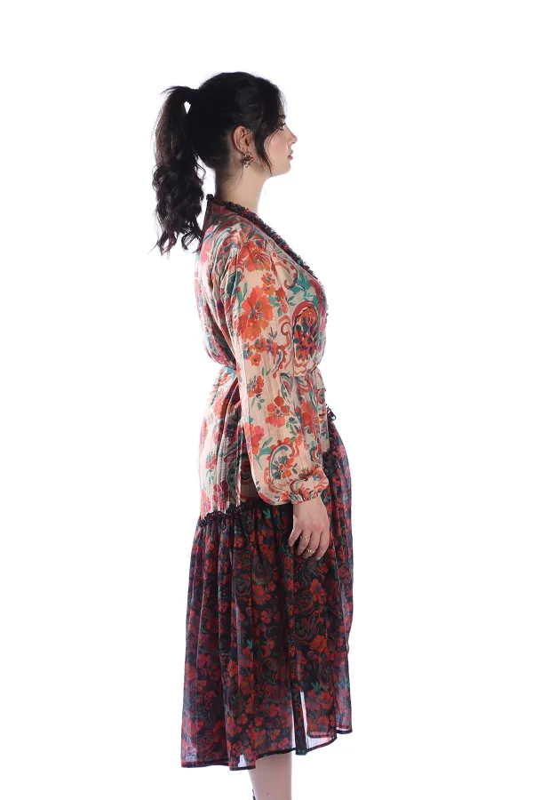 GIPSY ORANGE Model Çiçek Desenli Yaka ve Eteği Fırfırlı Uzun Kimono Elbise