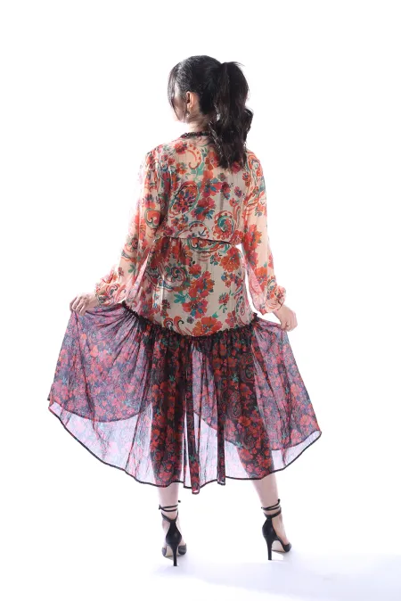 GIPSY ORANGE Model Çiçek Desenli Yaka ve Eteği Fırfırlı Uzun Kimono Elbise