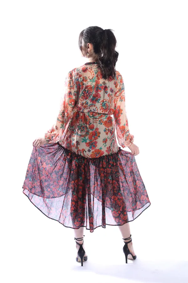 GIPSY ORANGE Model Çiçek Desenli Yaka ve Eteği Fırfırlı Uzun Kimono Elbise