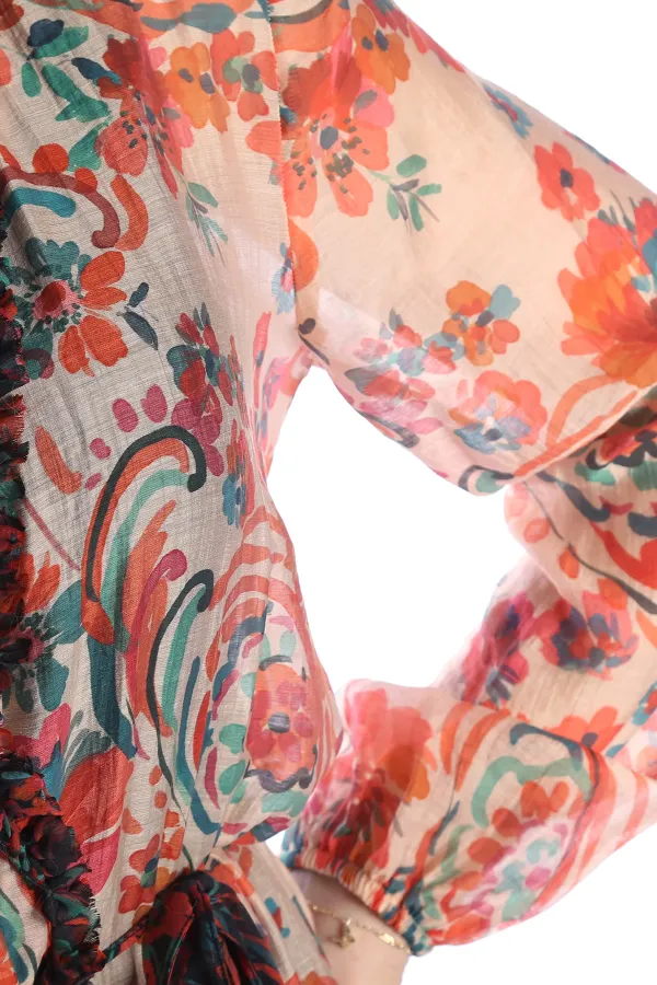 GIPSY ORANGE Model Çiçek Desenli Yaka ve Eteği Fırfırlı Uzun Kimono Elbise