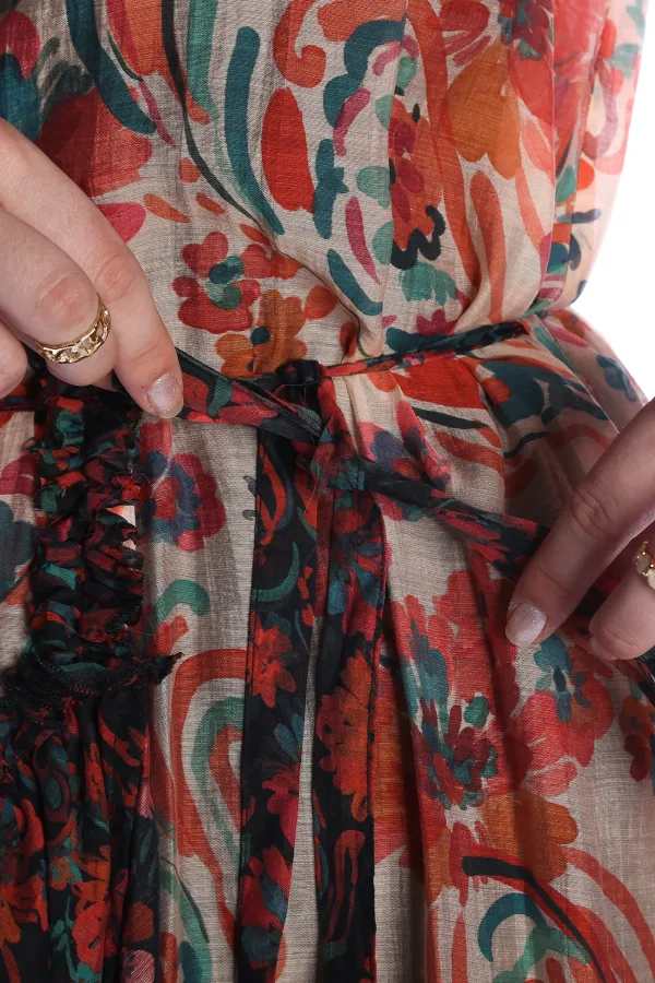 GIPSY ORANGE Model Çiçek Desenli Yaka ve Eteği Fırfırlı Uzun Kimono Elbise