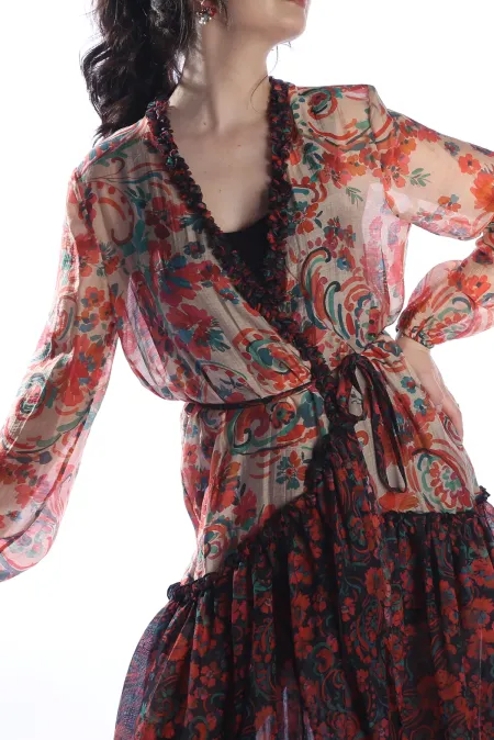 GIPSY ORANGE Model Çiçek Desenli Yaka ve Eteği Fırfırlı Uzun Kimono Elbise