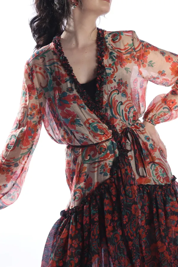 GIPSY ORANGE Model Çiçek Desenli Yaka ve Eteği Fırfırlı Uzun Kimono Elbise