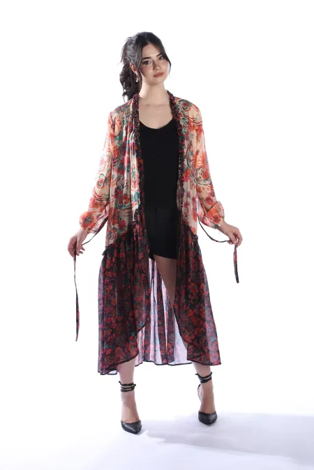 GIPSY ORANGE Model Çiçek Desenli Yaka ve Eteği Fırfırlı Uzun Kimono Elbise