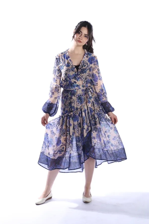 GIPSY LILAC Model Çiçek Desenli Yaka ve Eteği Fırfırlı Uzun Kimono Elbise