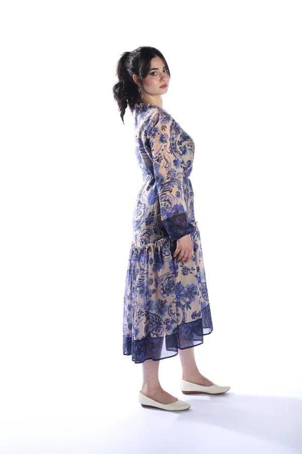 GIPSY LILAC Model Çiçek Desenli Yaka ve Eteği Fırfırlı Uzun Kimono Elbise