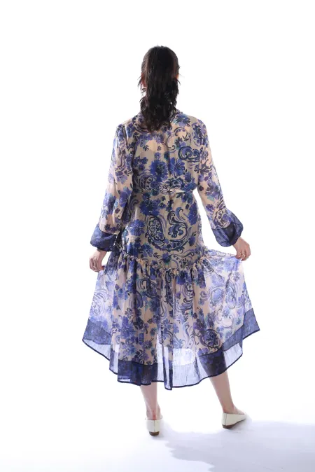 GIPSY LILAC Model Çiçek Desenli Yaka ve Eteği Fırfırlı Uzun Kimono Elbise