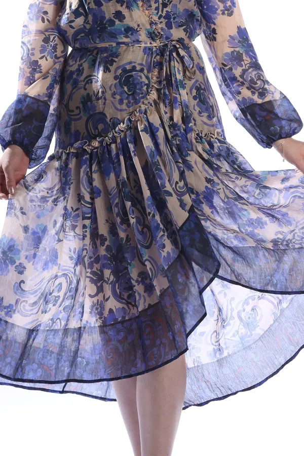 GIPSY LILAC Model Çiçek Desenli Yaka ve Eteği Fırfırlı Uzun Kimono Elbise