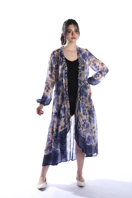 GIPSY LILAC Model Çiçek Desenli Yaka ve Eteği Fırfırlı Uzun Kimono Elbise