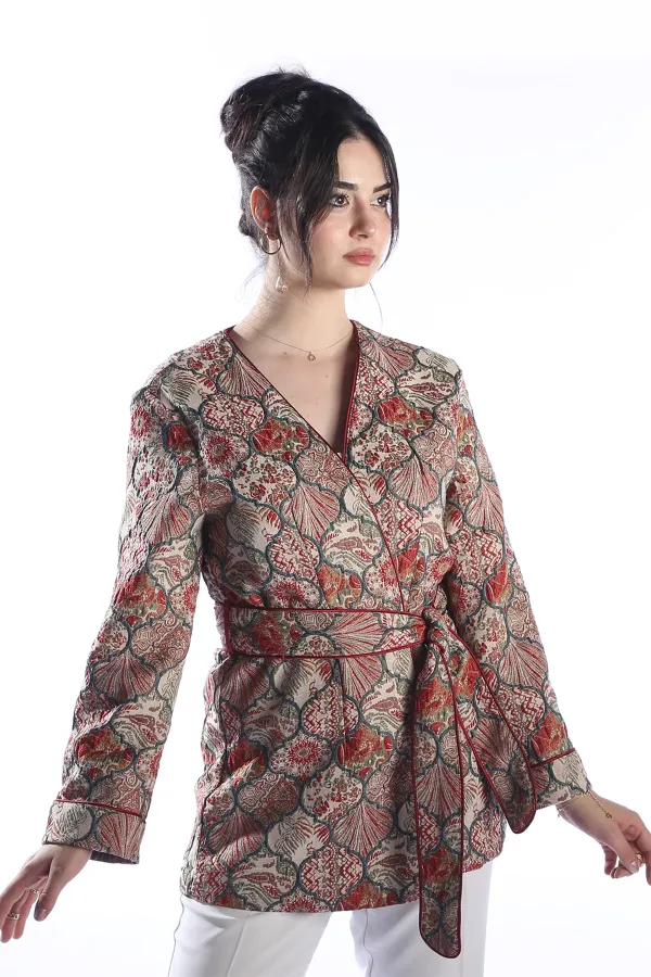 OTTOMAN JACQUARD CEKET Model Jakarlı Otantik Osmanlı Desenli Kısa Kemerli Ceket