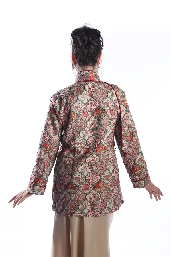 OTTOMAN JACQUARD CEKET Model Jakarlı Otantik Osmanlı Desenli Kısa Kemerli Ceket