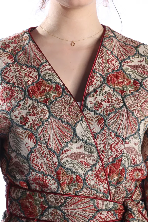 OTTOMAN JACQUARD CEKET Model Jakarlı Otantik Osmanlı Desenli Kısa Kemerli Ceket