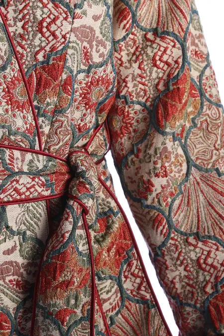 OTTOMAN JACQUARD CEKET Model Jakarlı Otantik Osmanlı Desenli Kısa Kemerli Ceket