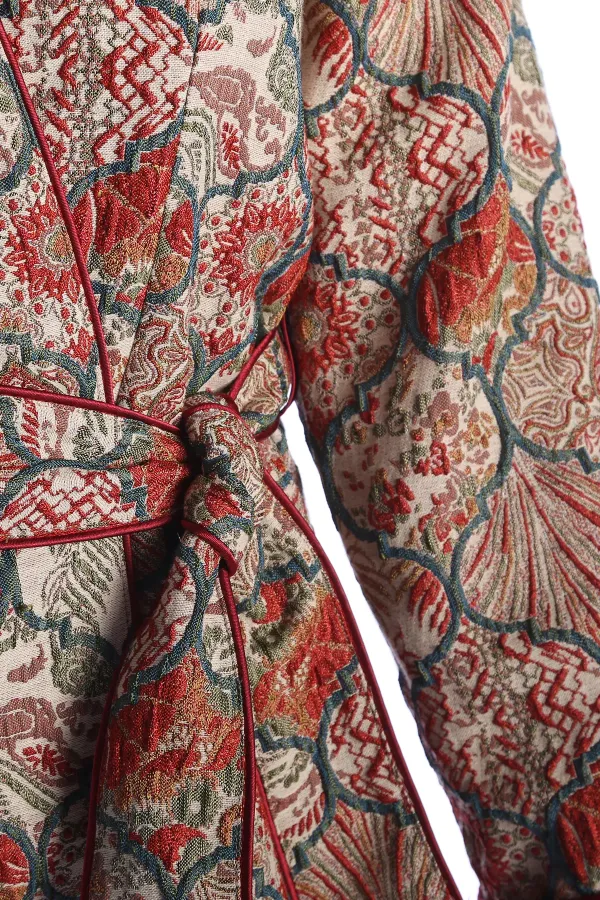 OTTOMAN JACQUARD CEKET Model Jakarlı Otantik Osmanlı Desenli Kısa Kemerli Ceket