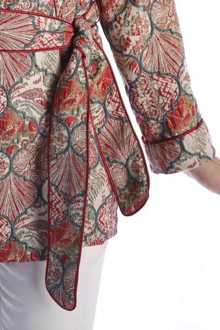 OTTOMAN JACQUARD CEKET Model Jakarlı Otantik Osmanlı Desenli Kısa Kemerli Ceket