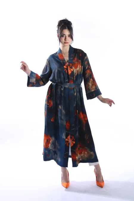 ZAHRA Model Uzun Çiçek Baskılı Kimono Üst