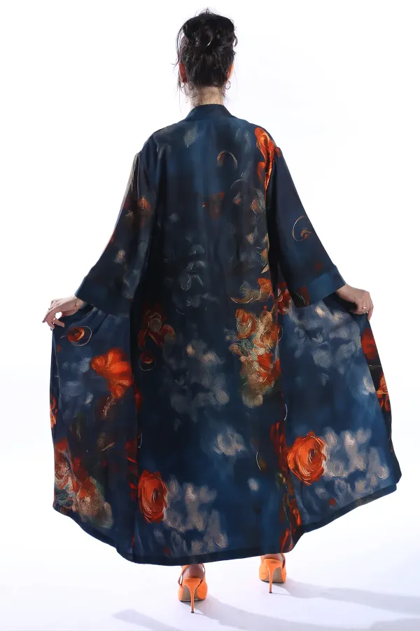 ZAHRA Model Uzun Çiçek Baskılı Kimono Üst