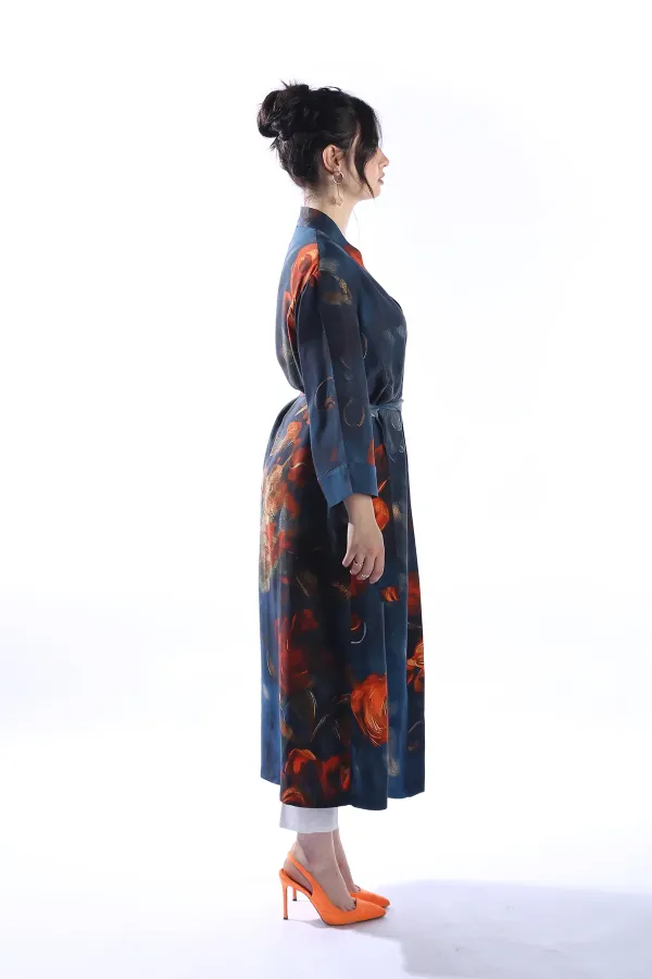 ZAHRA Model Uzun Çiçek Baskılı Kimono Üst
