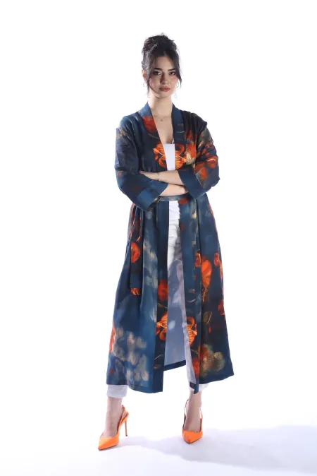 ZAHRA Model Uzun Çiçek Baskılı Kimono Üst