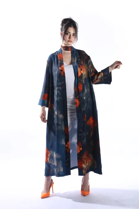 ZAHRA Model Uzun Çiçek Baskılı Kimono Üst