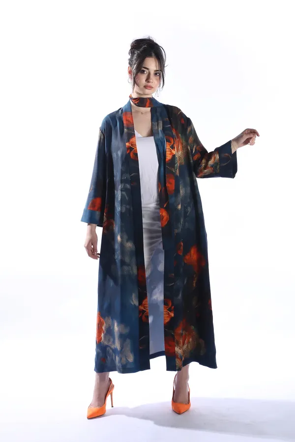 ZAHRA Model Uzun Çiçek Baskılı Kimono Üst