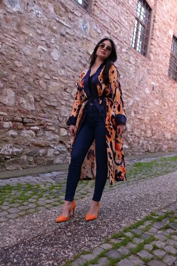FELIN Model Uzun LEOPAR Baskılı Kimono Üst