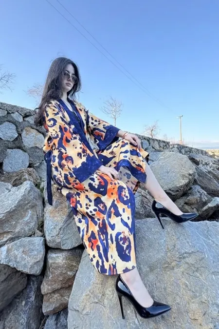 FELIN Model Uzun LEOPAR Baskılı Kimono Üst