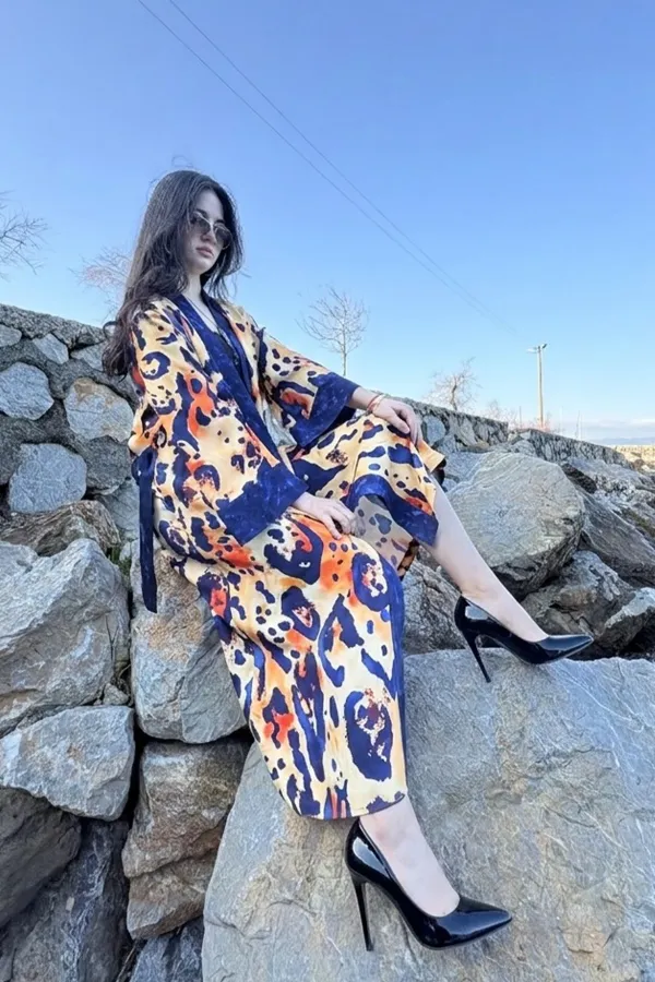 FELIN Model Uzun LEOPAR Baskılı Kimono Üst
